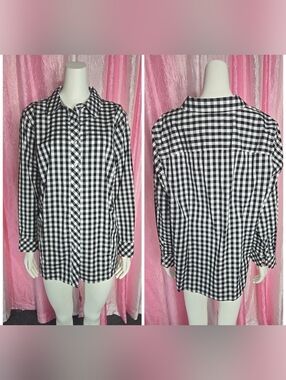 Talbots Black Checkered Cotton Workwear No Iron Button-Up Blouse Size 18W